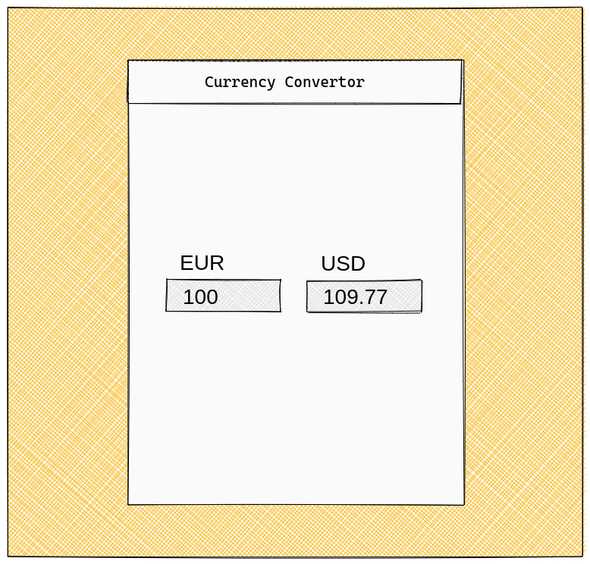 First rough draft of the app we'll build. There are two fields to select the currencies and two inputs to enter the corresponding values. They are aligned centrally on the screen.